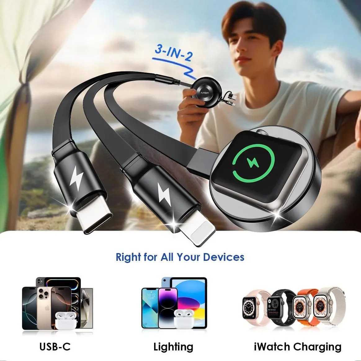 【2 Pack】Retractable 3 in 2 Multi Charging Cable, Portable USB A to Type C + Apple Watch Magnetic Charger Cord Compatible with iPhone Samsung Galaxy & Apple Watch Ultra Series