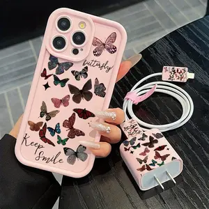 5-Piece Butterfly Phone Case Set with Charger Head, Cable Protector, Storage Strap, Tpu Shockproof Cover for iPhone 6-16, Ideal Gift for Couples and Teen Girls