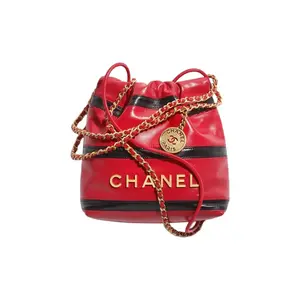 Pre-owned CHANEL leather Shoulder Bags 22 Mini Bucket Bag, Red & Black Calfskin With Gold Tone Chain & Coin Charm
