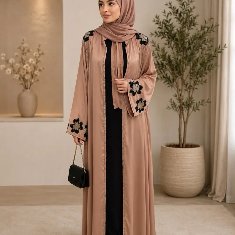 Women's 2-Piece Elegant Print Muslim Abaya Dress Set - Dubai Luxury Abaya with Matching Hijab, Elegant Islamic Clothing, Modest Fashion, Crew Neck, Long Bell Sleeves, Long Sleeve