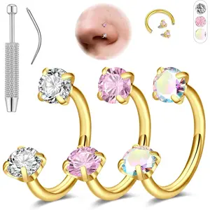 18G Horseshoe Nose Rings for Women, 6-8mm Horseshoe Piercing Jewelry Set Gold & Silver, Double Gem Horse Shoe Nose Rings Hoops Surgical Steel Cartilage Helix Tragus Earring Labret Lip With Tool