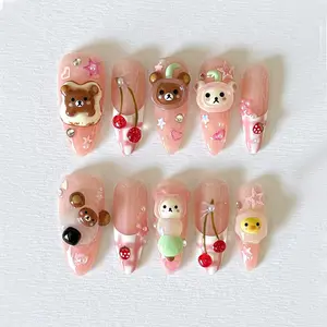 HelenNails - 3D Rilakkuma Cherry Press-On Nails | Pastel Kawaii Bear Nail Art | Japanese-Inspired Acrylic Nails | Cute & Fun Handmade Nails - HL127