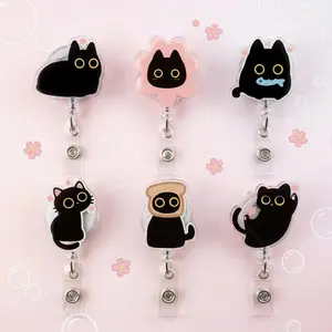 Cute Black Cat Badge Reel - Acrylic ID Holder for Nurses, Doctors, Teachers - Kawaii Kitten Badge Clip - Medical Student Stationaries