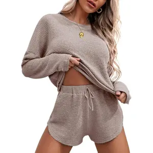 Ekouaer Womens Waffle Knit Pajama Sets Long Sleeve Top and Shorts Matching Lounge Set Loungewear Sweatsuit with Pockets