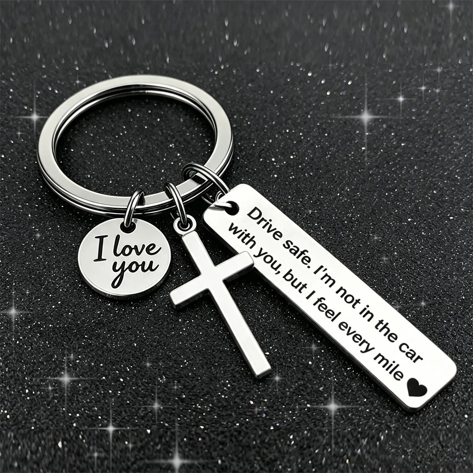 Drive Safe Keychain for Him, English & Spanish 2 Styles, Cross Stainless Steel Keyring, I Love You Engraved Key Chain, Romantic Gift for Boyfriend Husband Trucker