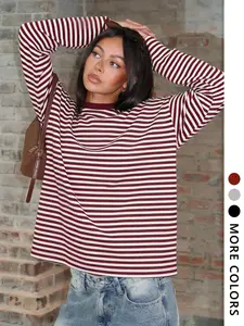 Basic Casual Loose Striped Long Sleeve Top, Oversized T-Shirt, Y2K Street Style Streetwear Pullover, Daily Casual Layering, Fashion Vintage Stripe Round Neck Shirt