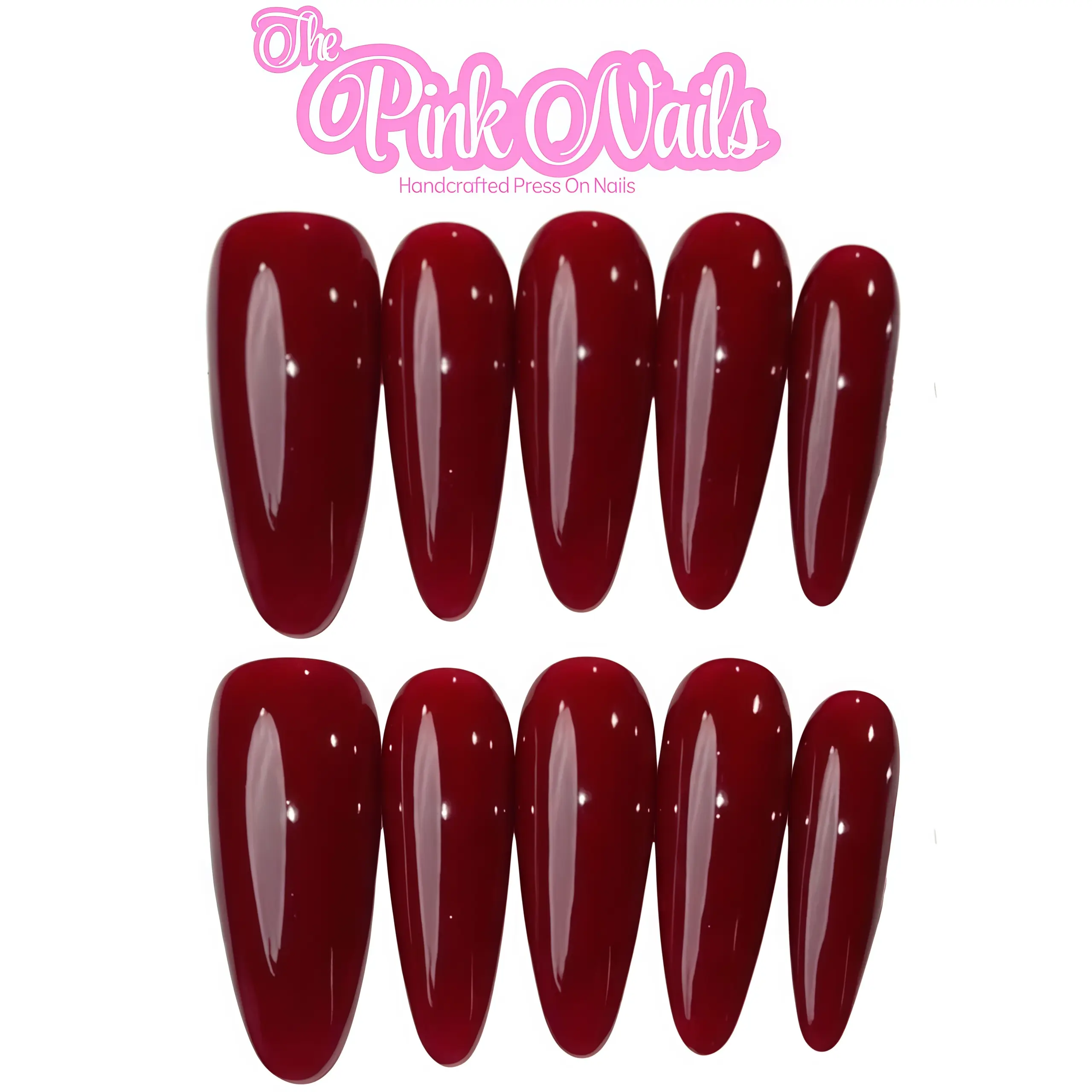 Handmade Almond-Shape Press-On Nails - Reusable, Gloss Finish, Solid Burgundy Deep Red, Glue-On Nail Art for Holiday, Wedding (Apply with Glue)