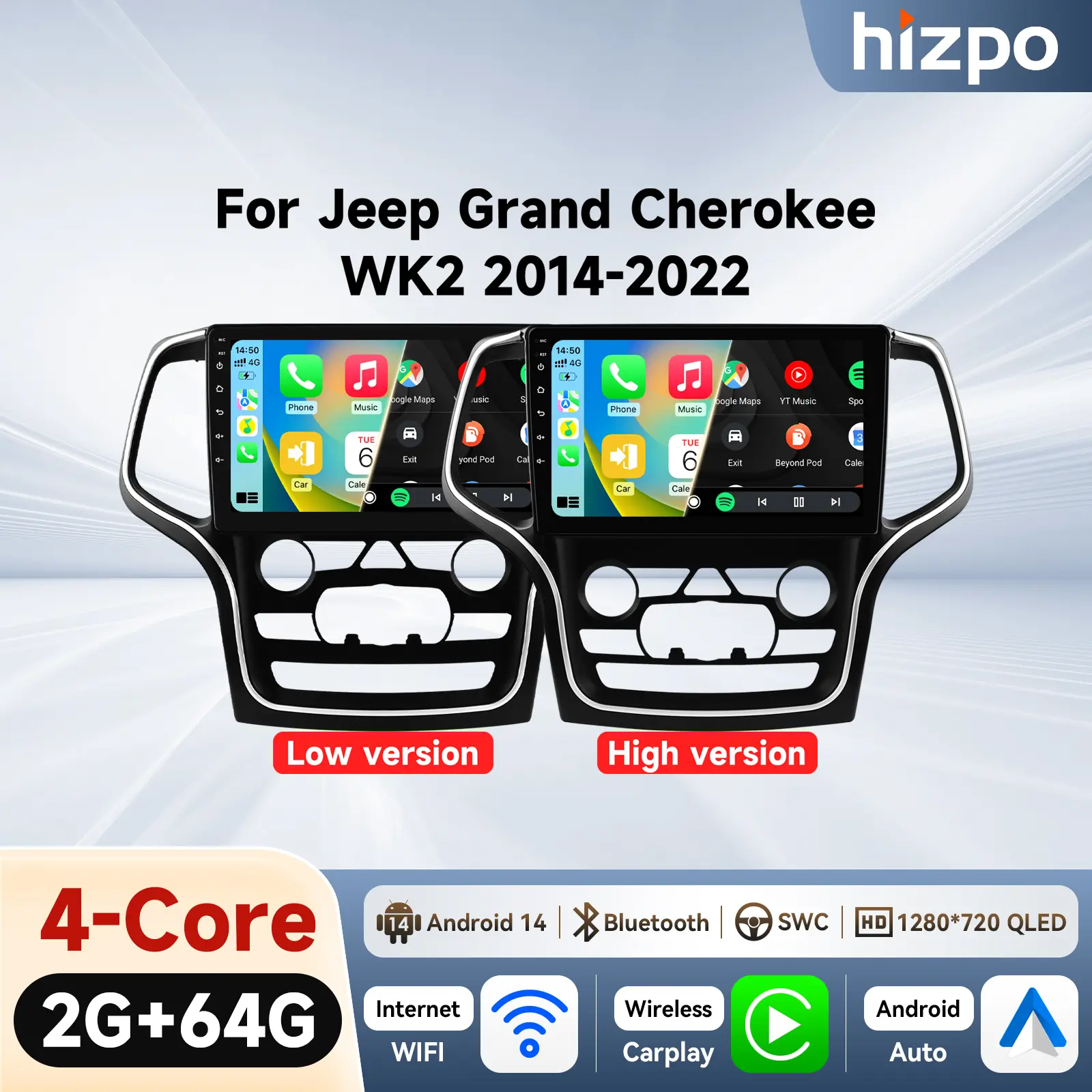 GPS Touch Screen Car Stereo for Jeep Grand Cherokee WK2 2014-2022 Wireless Android Car Stereo with WiFi Wireless Carplay audio