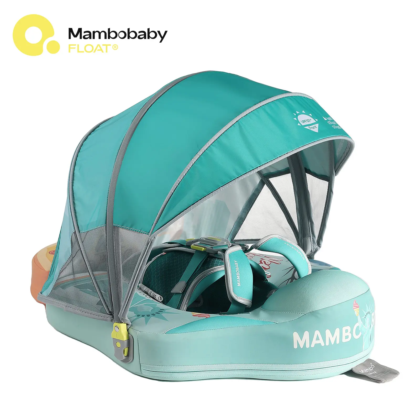 Mambobaby New York-Themed Non-Inflatable Baby Swim Float, Deluxe 3D Detachable Canopy, UPF 50+ Sun Protection, 5-Point Safety System, Dual-Position Design, for 3-24 Months Babies Outdoor Swimming, Deluxe 3D Canopy New York Float