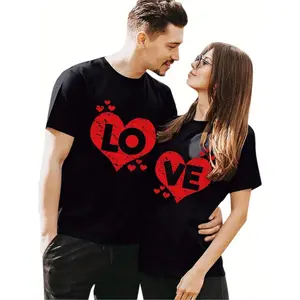 LOVE Print Matching Couple T-Shirts - Comfy Cotton, Short Sleeve, Round Neck Tees for Men & Women - Perfect for Date Night & Christmas Gifts