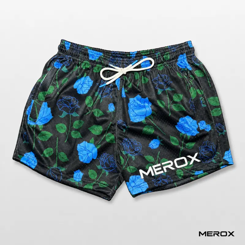 MEROX Rose Design Floral Mesh Gym Shorts - 5 In Inseam, Zipper Pocket, Exotic Fitness Activewear, Stretchy Breathable Contrast Soft Mesh Men's Sports Shorts, Sporty Hoochie Daddy Blue Outfits, Men's Shorts