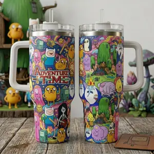 Adventure Time Finn & Jake Tumbler 20oz/40oz, Insulated Stainless Steel Cup with Handle & Straw, Leakproof Cartoon Fan Gift