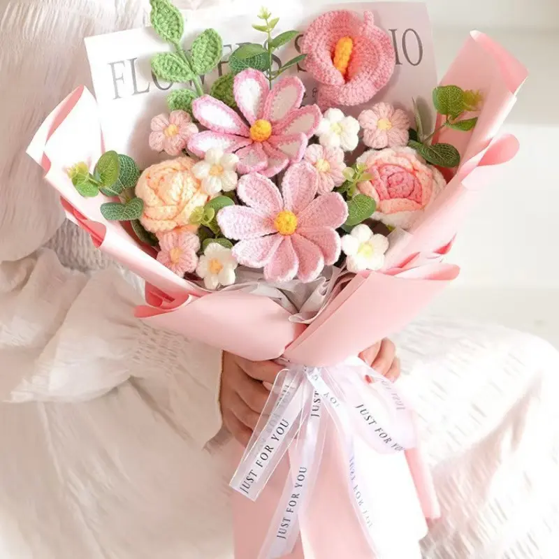 Crochet Flower Bouquet - Pink and White Handmade Floral Arrangement with Green Leaves and "Just for You" Ribbon