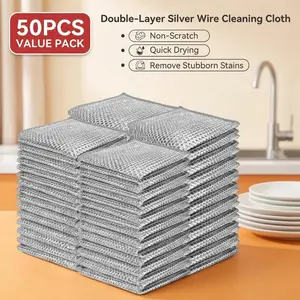 50PCS Thickened Double Layer Silver Wire Cleaning Cloths - Fast Stubborn Stain Cleaning, Scratch Proof for Kitchen, Bathroom, Tiles, Marble Countertops  Reusable Non-Scratch Dishwashing Rags