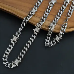 Gabriel 316Lss Barbed Wire Bracelet Cuban Link Chain for Men Stainless Steel Gothic Punk Thorns Hand Chain Hip Hop Jewelry 7mm 9mm Width 7 8 3 Length Gift Box
