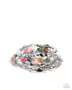 Colorful Campaign - Multi Color Stone Silver Stretchy Bracelet Stack - Paparazzi