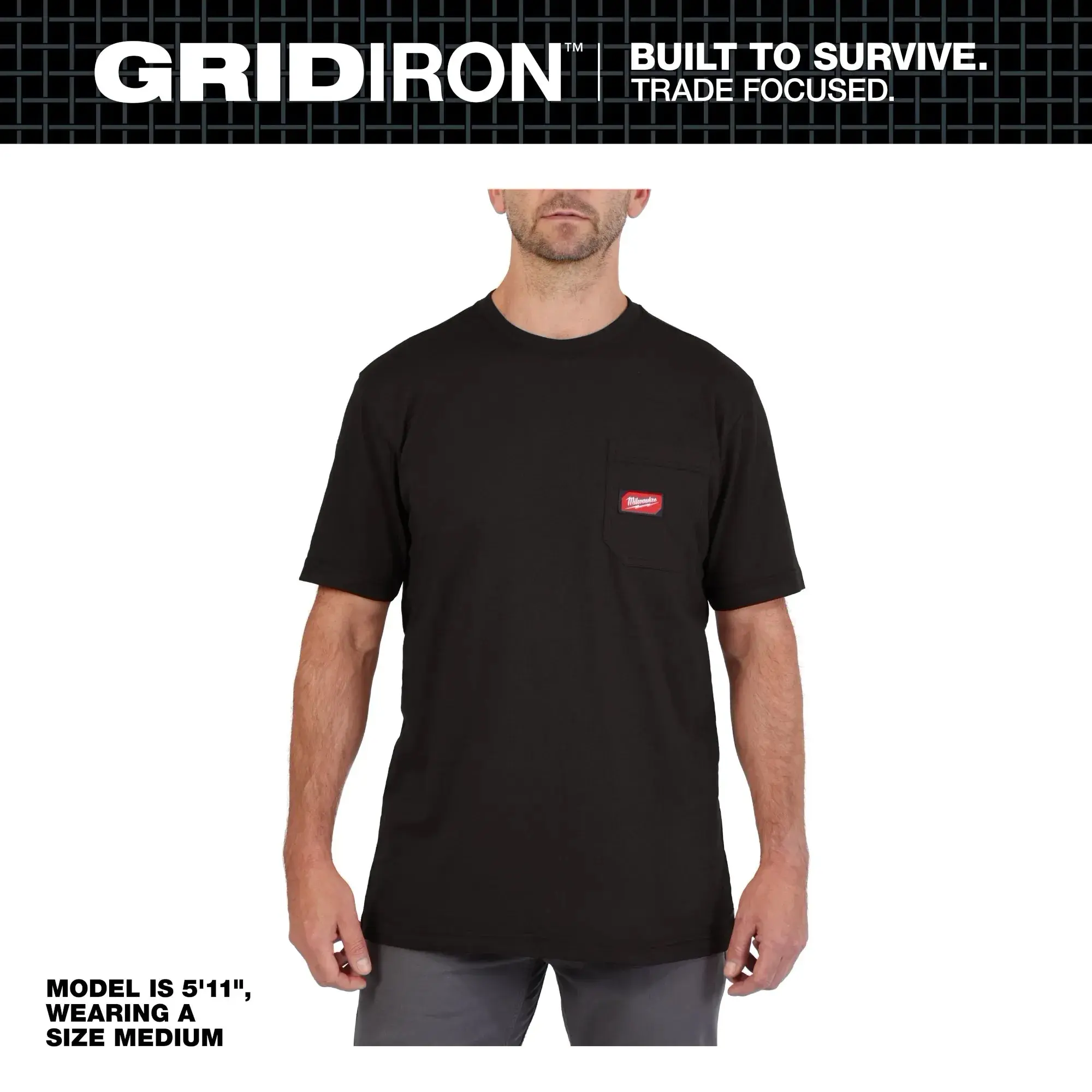 Milwaukee GRIDIRON Men's Heavy Duty Pocket Tee, Relaxed Fit Moisture Wicking Cotton-Polyester Menswear Top, Shortsleeve, Fabric, Casual
