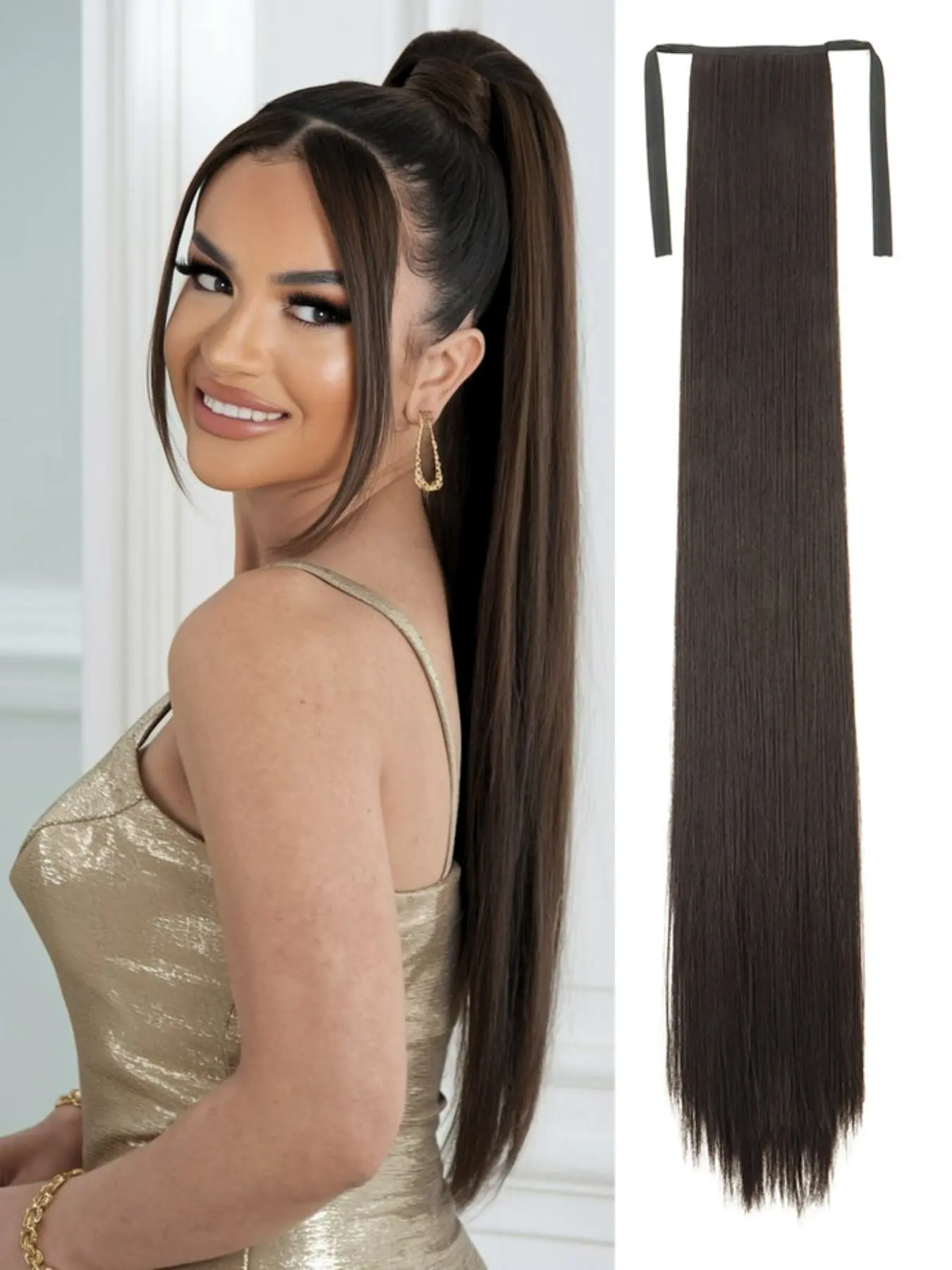 Strap style Straight Ponytail Hair Extension, Clip In Long Silky Synthetic Wrap Ponytail Wig, Easy Wear Strap style Design, Natural Double Ponytail Hairstyle Accessory For Daily Girls