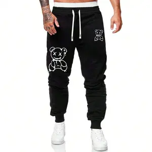 Autumn and winter new men's sweatpants casual sports trousers bear pattern printing outdoor fitness running daily hundred elastic waist drawstring trousers men's Cuffed pants