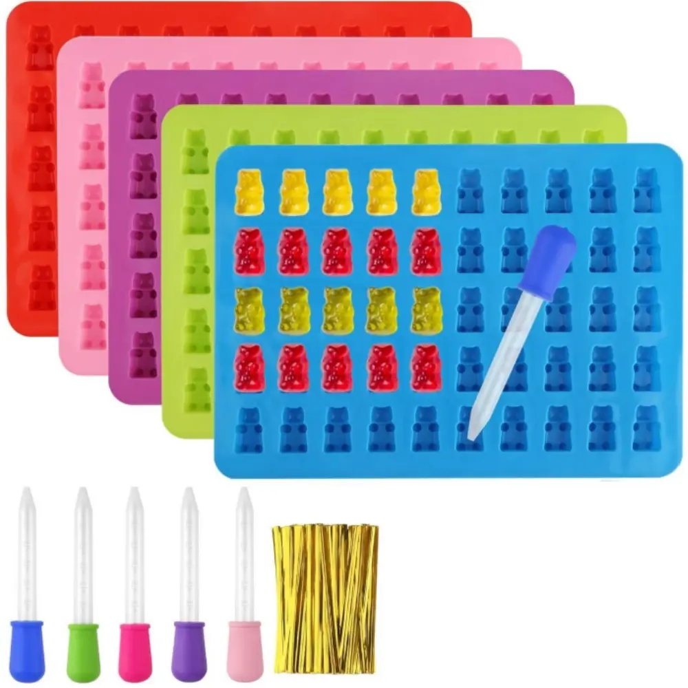 Pack of 5 Gummy Bear Moulds Silicone, Candy Silicone Mould with 5 Pipettes, 100 Twist Bars, Gummy Bear Making Set, Gummy Bear Mould for Sweets Chocolate Jelly