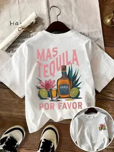 Unisex Agave Print T-Shirt, Mas Tequila Por Favor Summer Casual Top, Graphic Letter Design, Short Sleeve, Loose Fit, Beach Party Wear