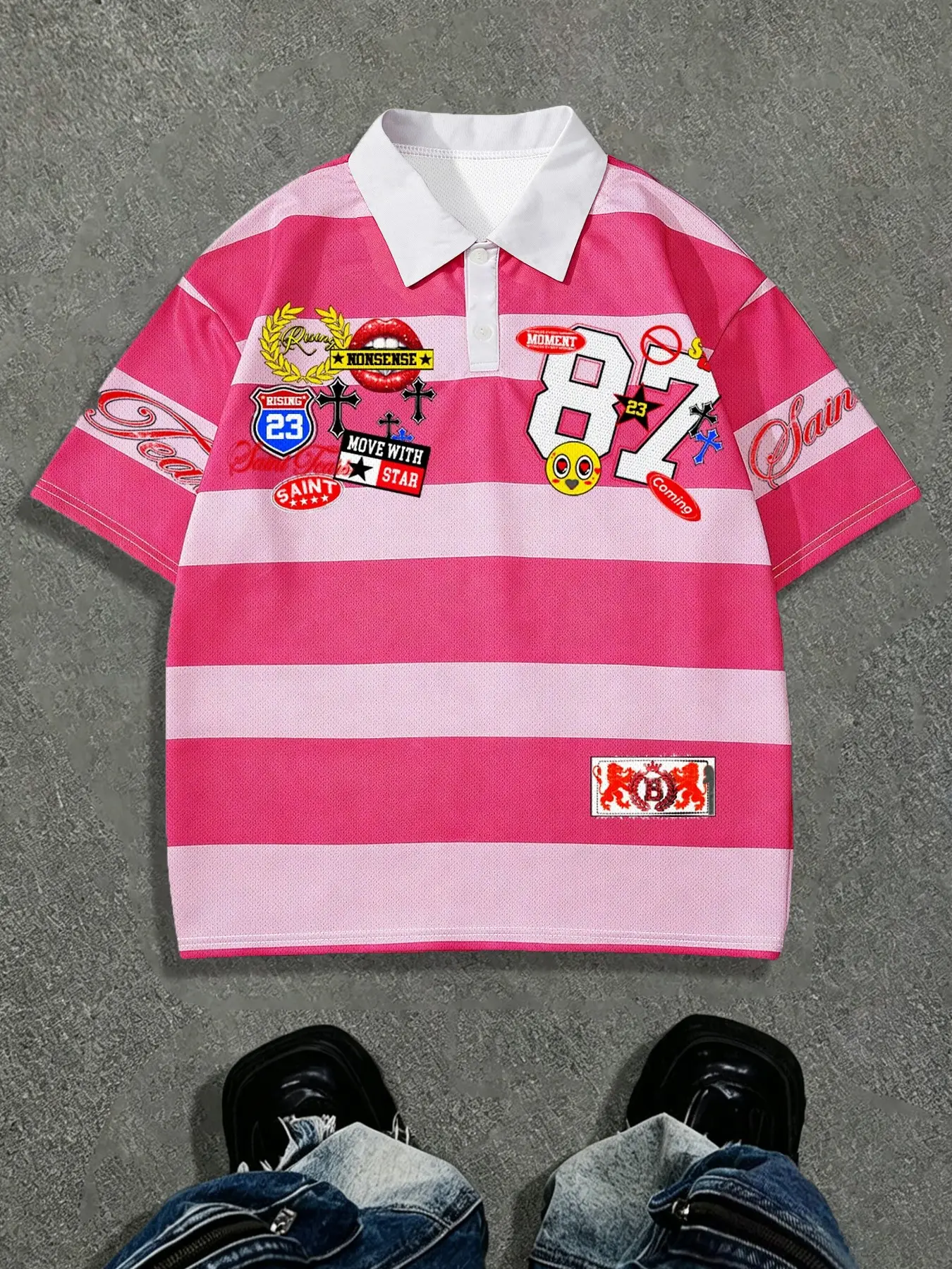 トップス 00s archives Zip design polo shirts y2k Retro 96 Star Print Polo Shirt, Y2K Streetwear, Eye-Catching