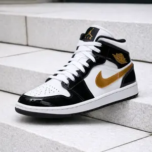 Nike Air Jordan 1 Mid Patent Black White Gold 852542-007 Men's Fashion Sneaker New