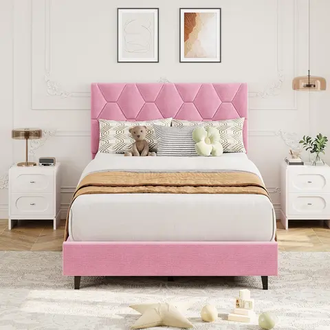 GAOMON Pink Twin Bed Frame with Upholstered Headboard, Heavy-Duty Platform Bed Frame with Strong Wood Slats, No Box Spring Needed/Noise Free/Easy Assembly