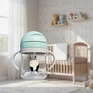 Leak-Proof Animal Sippy Cup 300ml, Silicone Anti-Drop Training Straw Trainer with Shoulder Strap, Portable Water Bottle for Kids, Infants, Preschool, Outdoor Activities, School, Travel