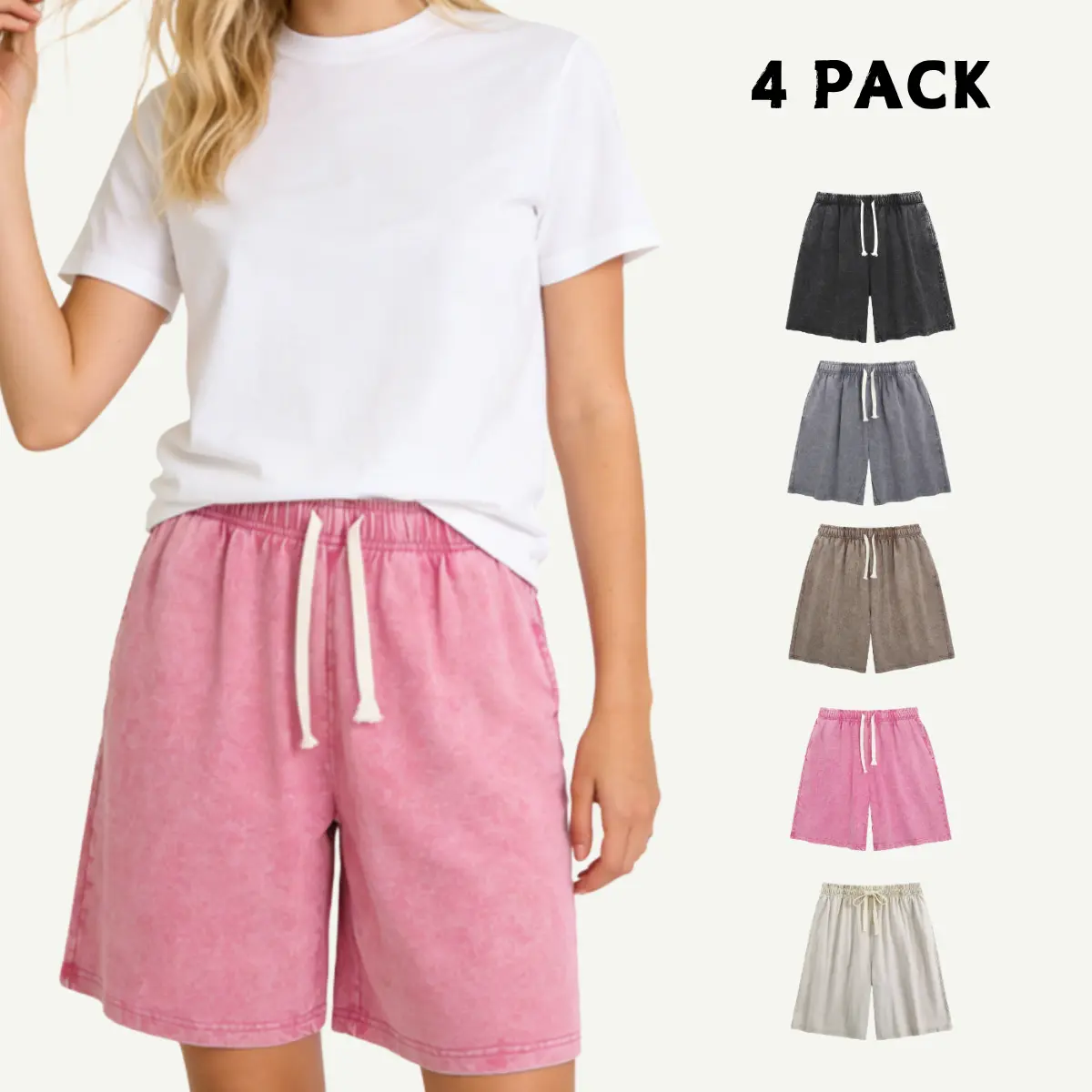 Wayii Fashion 4 Pack Unisex Acid Washed Shorts, Vintage Heavyweight Cotton Streetwear Sweat Shorts, Elastic Waist Drawstring Athletic Casual Lounge Shorts for Men & Women, Multi-Color Set