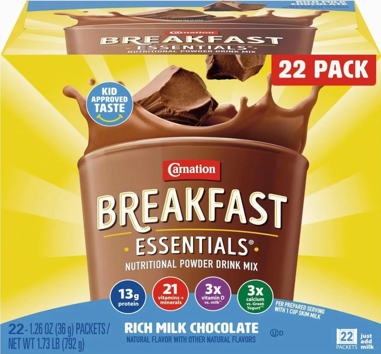 Carnation Breakfast Essentials Powder Drink Mix, Rich Milk Chocolate, 22 Count Box of 1.26 Ounce Packets