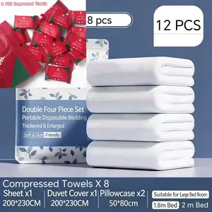 12-Piece Disposable Travel Bedding Set, Includes Sheet, 2 Pillowcases, 1 Duvet Cover, 8 Face Cloths, Essential for Hotel Trips