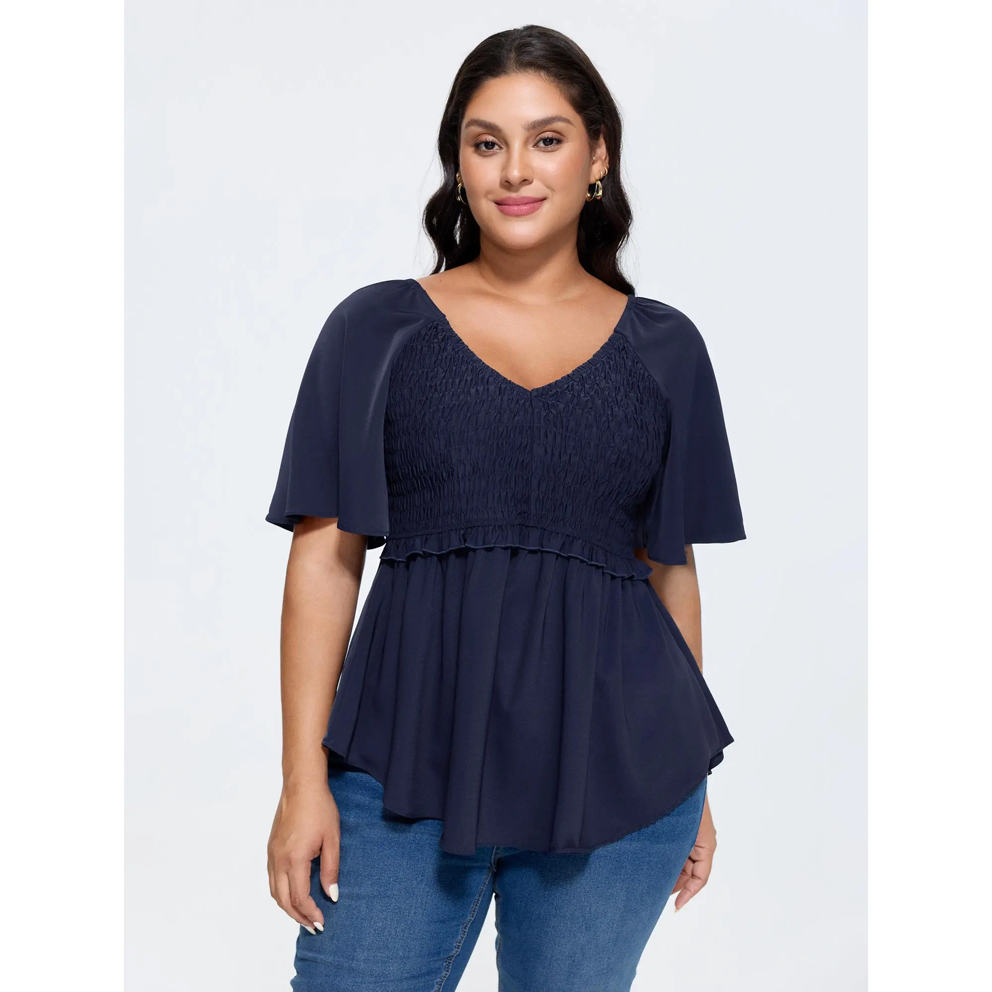 Women's Solid Indigo Fit & Flare Cropped Blouse with Short Bell Sleeves, Polyester Fabric, and a Smocked Back,Summerfinds