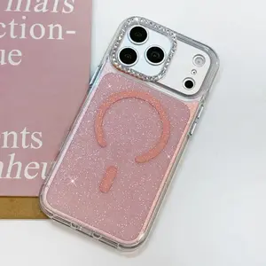 HAY Luxury Clear Bling Glitter MagSafe Wireless Charge Phone Case For iPhone 17 16 15 14 13 Pro Max Air Diamond Camera Frame Hard Cove Funda