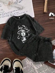 Women's Casual Loose-Fit Cotton Pajama Set, Short Sleeve & Shorts, Medusa Snake Print, All-Season Comfortable Sleepwear