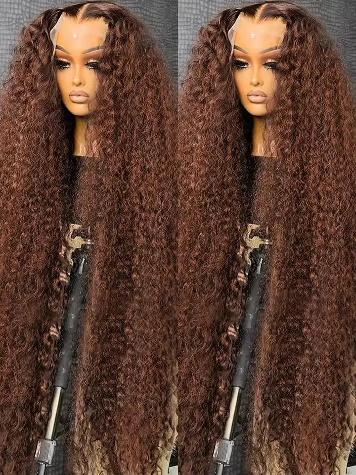 Deep Wave Lace Frontal Wig 30Inch Brazilian Chocolate Brown Curly Human Hair Wig 13x4 13x6 Hd Transparent Lace Frontal Deep Wave Wig  Colored Water Wave Brazilian Wigs For Women Pre Plucked 180% Density