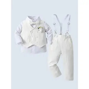 (New)A Three-Piece Gentleman'S Outfit for Baby Boys, Featuring a White Shirt Paired with Suspenders And a Vest, Stylish And Elegant, Suitable for First-Month Celebrations, Birthday Parties, Weddings, And Festive Occasions Like Ramadan And Eid Al-Adha.