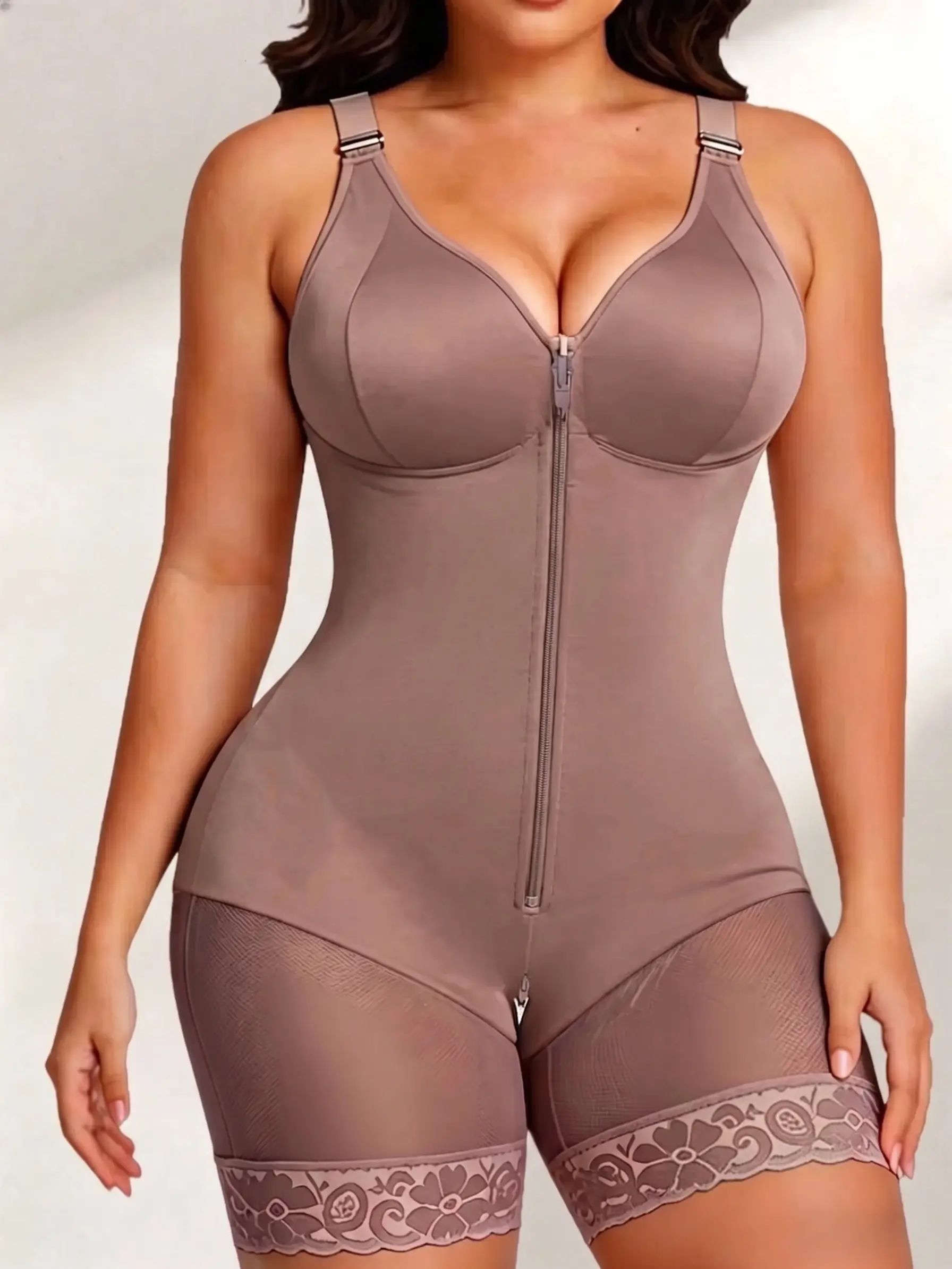 1 Count Women's Breathable Bodysuit, Full Body Shapewear, Colombian Shapewear, Zipper Closure Jumpsuit, Lace Trim Body Shaper, Adjustable Shoulder Strap Shapewear Bodysuit, V-Neck Skin-Friendly Shapewear, Ideal For Special Occasions