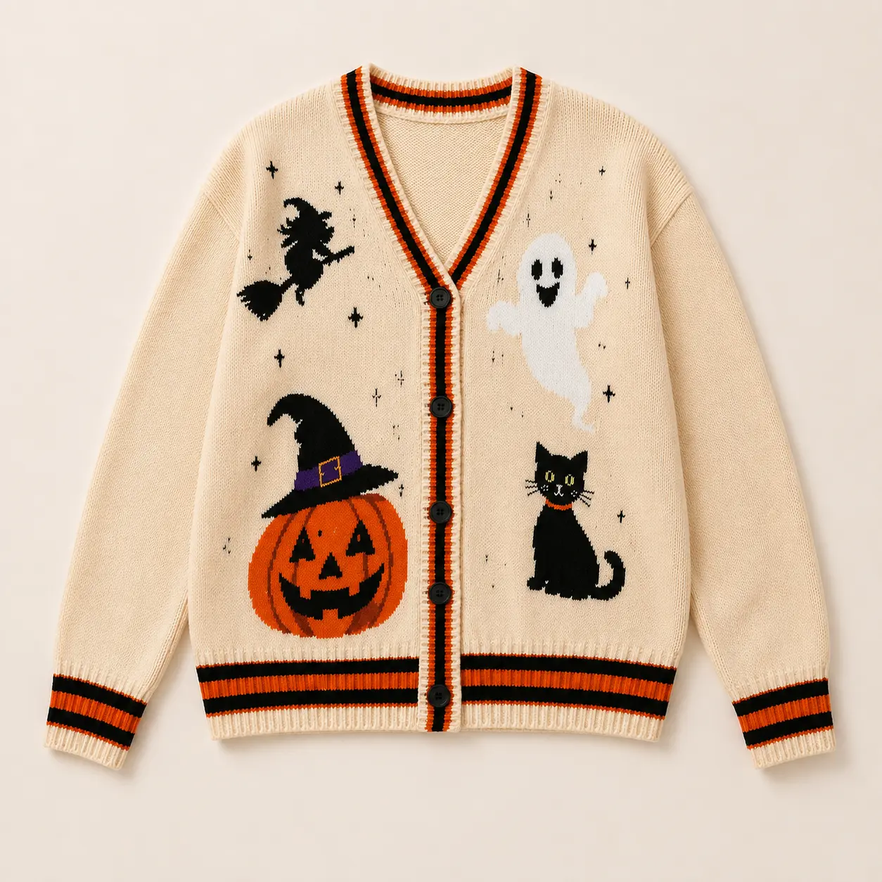 Halloween Knitted Cardigan for Women, Pumpkin Ghost Black Cat Sweater, Spooky Season Button Up Cardigan, Fall Gift