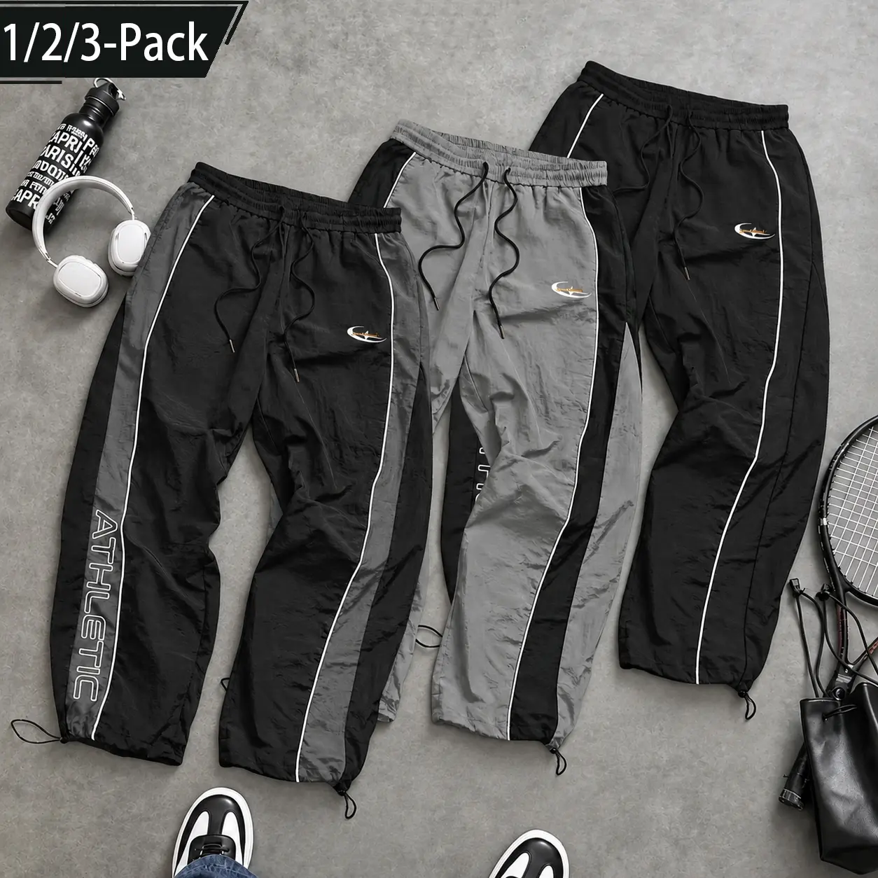 Men's 1/2/3-Pack Polyester Baggy Sweatpants - Lightweight Contrast Panel Track Pants with Side Stripes, Loose-Fit Straight Leg, Drawstring Waist, Adjustable Elastic Hem, Y2K Streetwear for Gym, Daily Wear, Men's Baggy Sweatpants