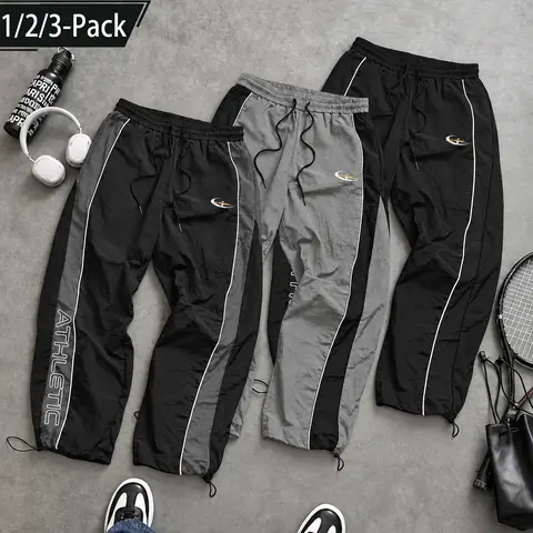 Men's 1/2/3-Pack Polyester Baggy Sweatpants - Lightweight Contrast Panel Track Pants with Side Stripes, Loose-Fit Straight Leg, Drawstring Waist, Adjustable Elastic Hem, Y2K Streetwear for Gym, Daily Wear, Men's Baggy Sweatpants