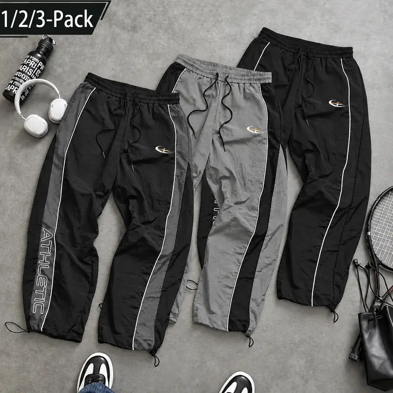 Men's 1/2/3-Pack Polyester Baggy Sweatpants - Lightweight Contrast Panel Track Pants with Side Stripes, Loose-Fit Straight Leg, Drawstring Waist, Adjustable Elastic Hem, Y2K Streetwear for Gym, Daily Wear, Men's Baggy Sweatpants