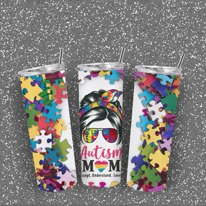T Cuts Creations Stylish Stainless Steel Portable Water Bottle Flasks - Autism Mom Tumbler with Accept-Understand-Love Design, Colorful Puzzle Piece Motif for Autism Awareness