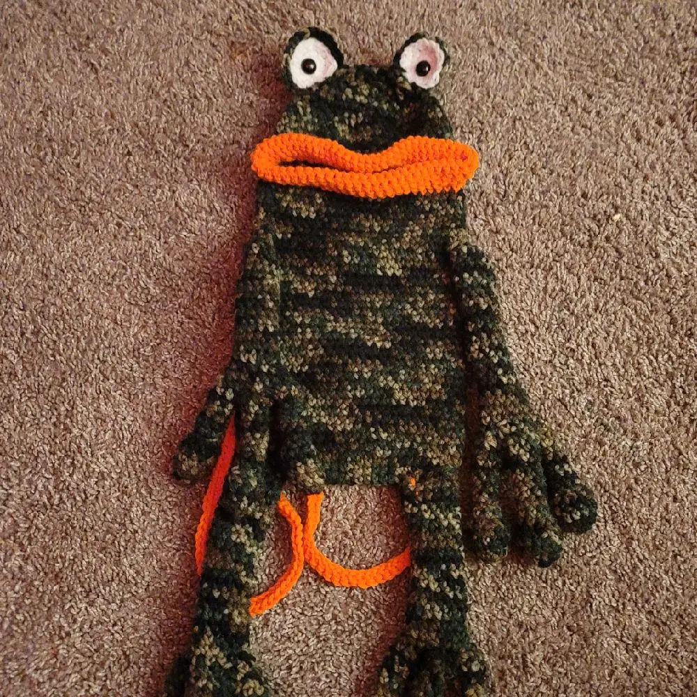 Franklin the Frog Purse - Unique Design with Orange Accents and Camouflage Pattern