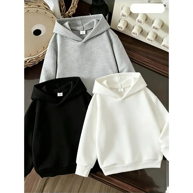 Unisex Kids' Solid Color Drawstring Hood Basic Pullover, Loose-Fit Sweatshirt for Spring-Fall, Casual Streetwear Style