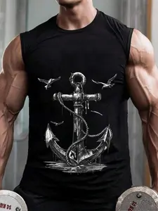 Men's Anchor Seagull Sleeveless Vest, Nautical Vintage Style, Casual Fitted Graphic Top, Without Zipper, No Collar, Made in China