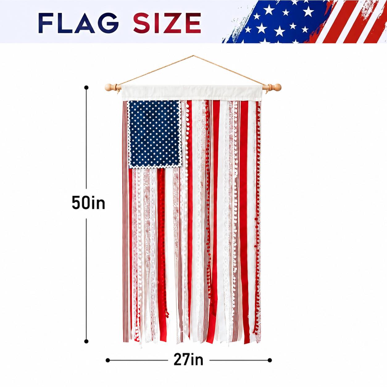 Lighted American Rag Flag Banner With LED Fairy Lights, 4x2.3 Ft Rustic Patriotic Tassel Garland For 4th Of July Decoration, Aesthetic Americana Wall Hanging For Porch Yard Party, Independence Day Celebration Home Decor 250th Anniversary