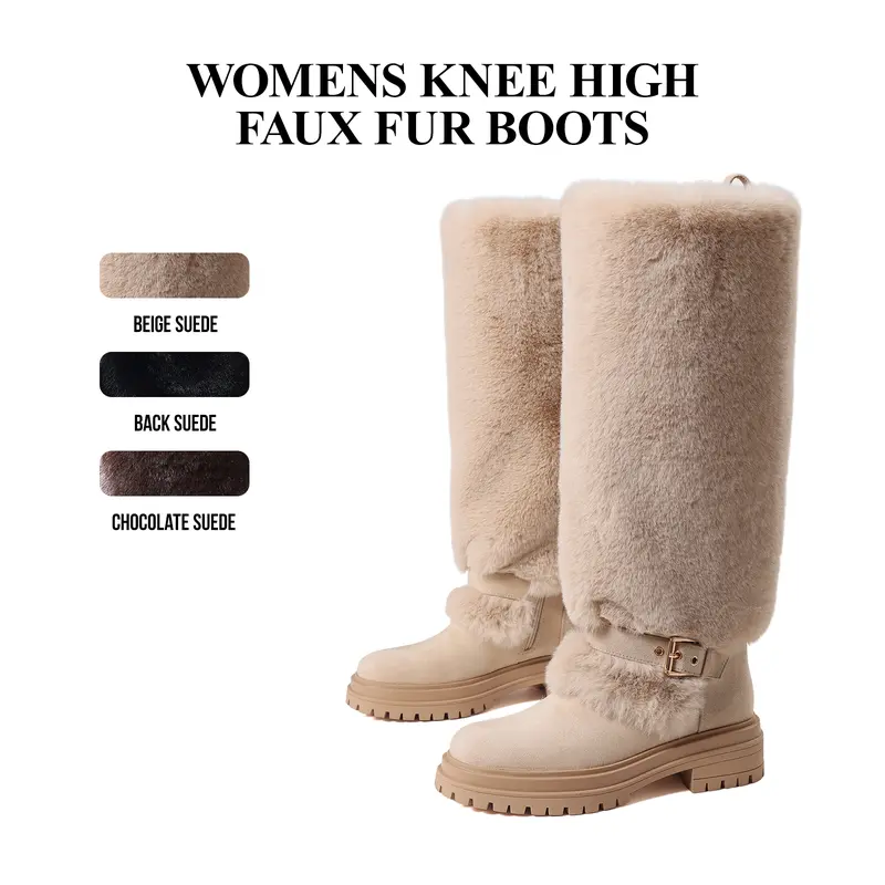 CYNLLIO Womens Knee High Snow Winter Boots Faux Fur Rounded Toe Platform Heels Fashionable Buckle Side Zipper Comfy Office Party Nightclub Outdoor Walking Casual Spring Suede Boots Deals For You Days
