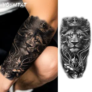 Waterproof Temporary Tattoo Sticker Dark Style Crown Fierce Lion Deadpool Soldier Weapon Black Animal Pattern Body Art Arm Fake Tattoos Sleeve For Women Men Aldult Hands Shoulders Waist Abdomen Legs Ankles
