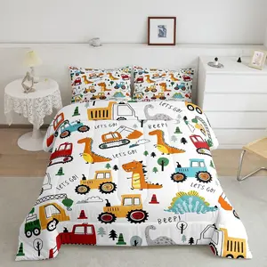 Construction Bedding Set,Full Size Cartoon Dinosaur Comforter Set,Jungle Dino Comforter,Equipment Trucks Red Orange Duvet Set